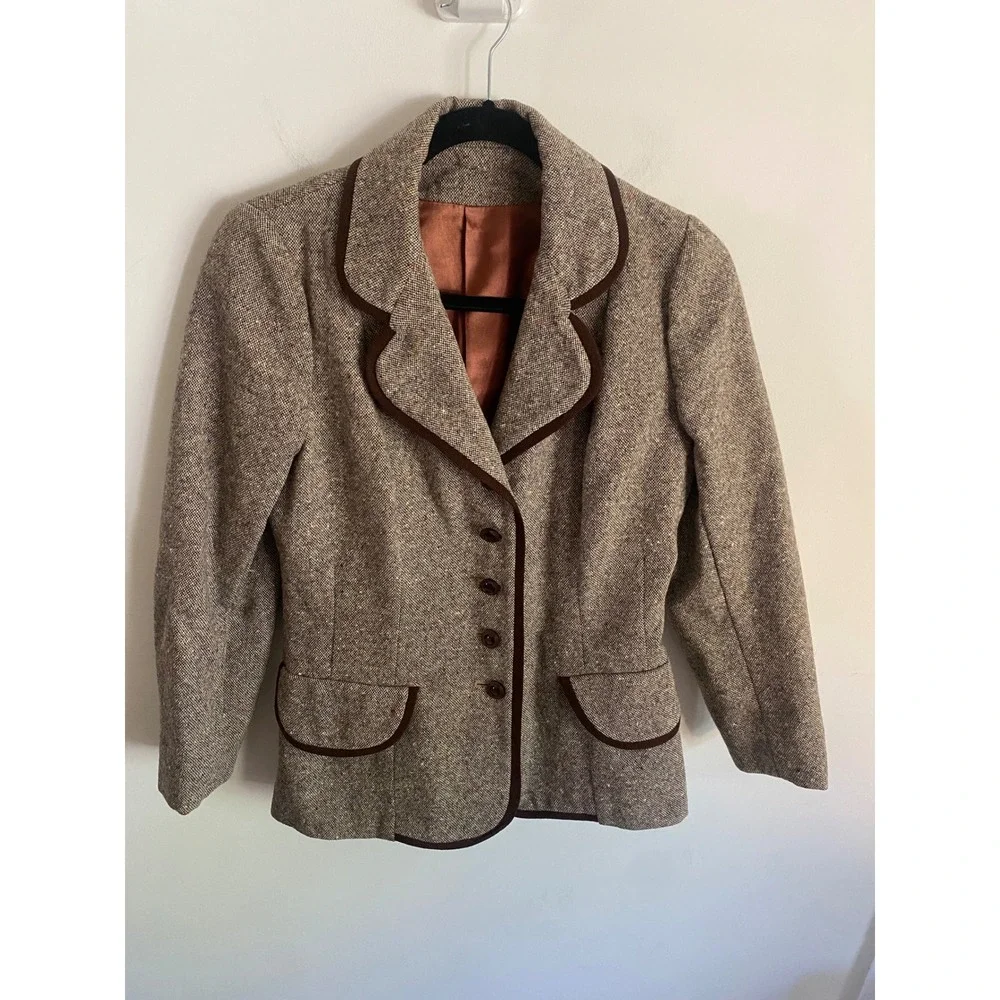 Vintage Mary-Lane Brown Wool Tweed Blazer Jacket‎ Contrast Piping Speckled Tan